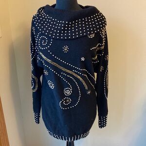 VICTORIA HARBOUR Sweater Dress Vintage Beaded Black Cowl Neck 80s 90s